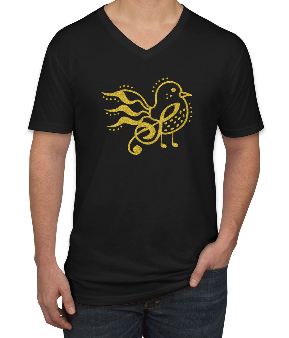 Bird Music Notes Gold Glitter Print Men's V Neck T-shirt