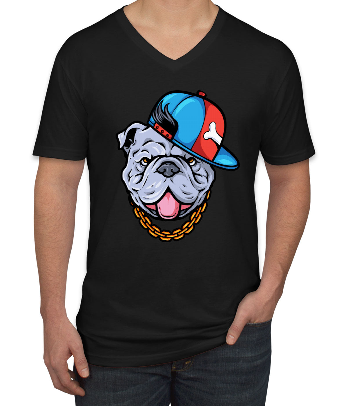 Bulldog Cartoon Wearing Gold Chain Men's V Neck T-shirt