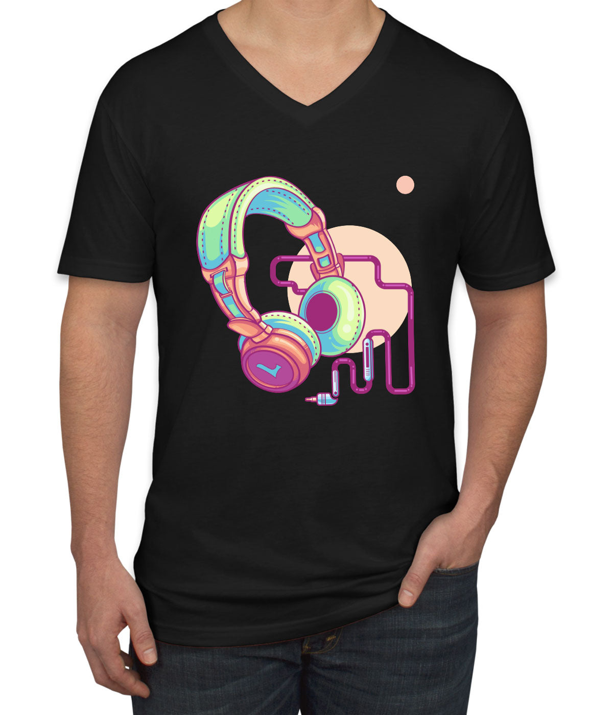Headphone With Audio Cable Music Men's V Neck T-shirt