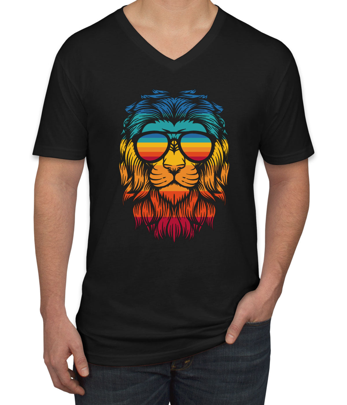 Retro Lion Head Men's V Neck T-shirt