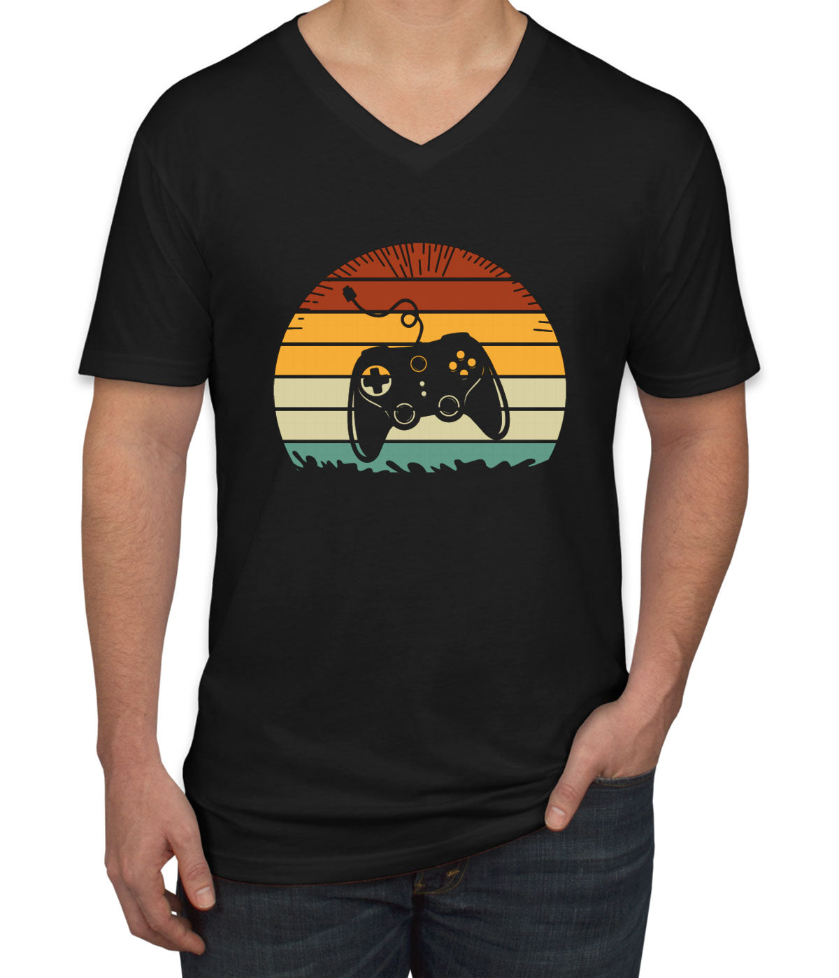 Retro Sunset Gaming Men's V Neck T-shirt