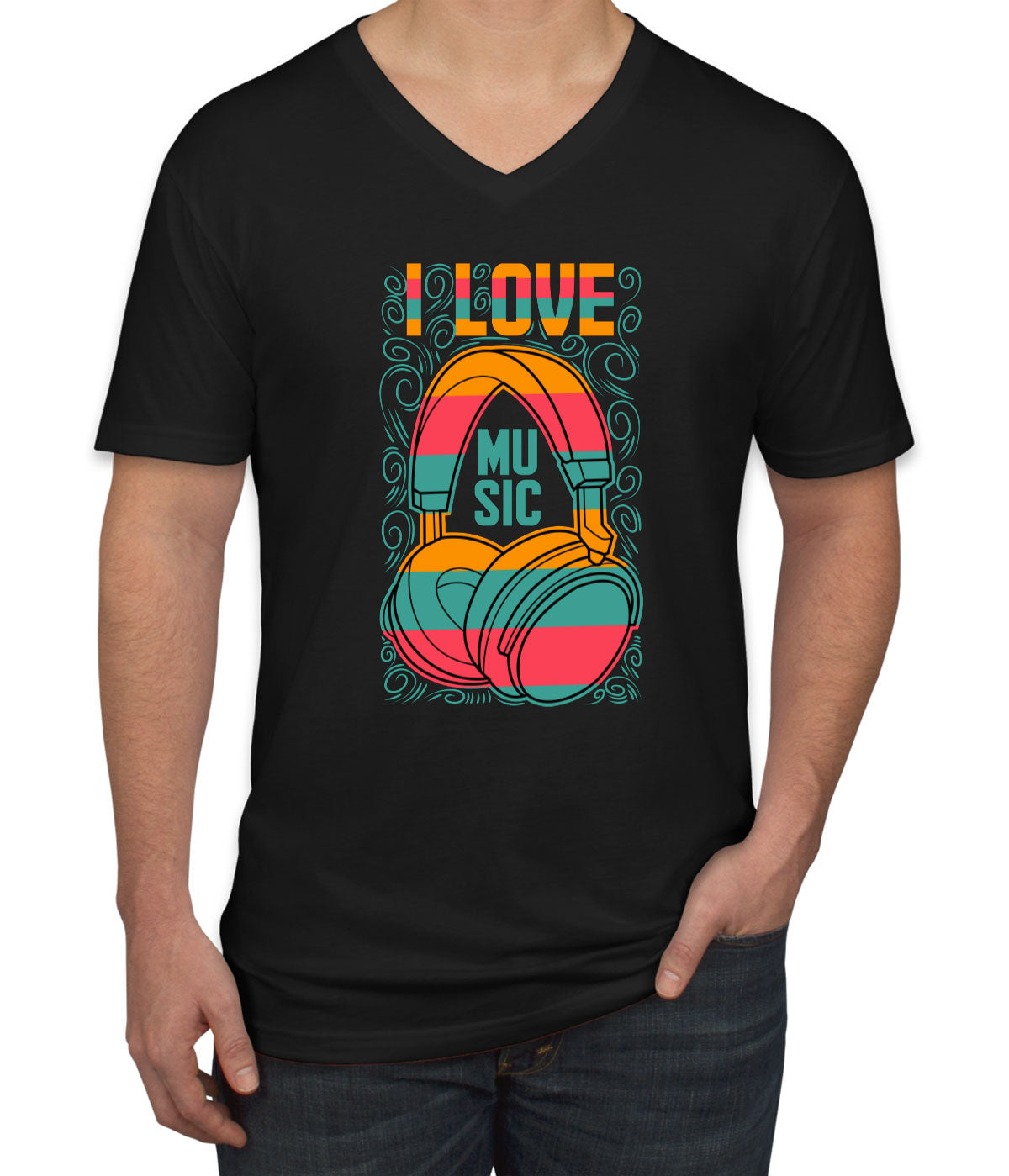 I Love Music Retro Headphone Men's V Neck T-shirt