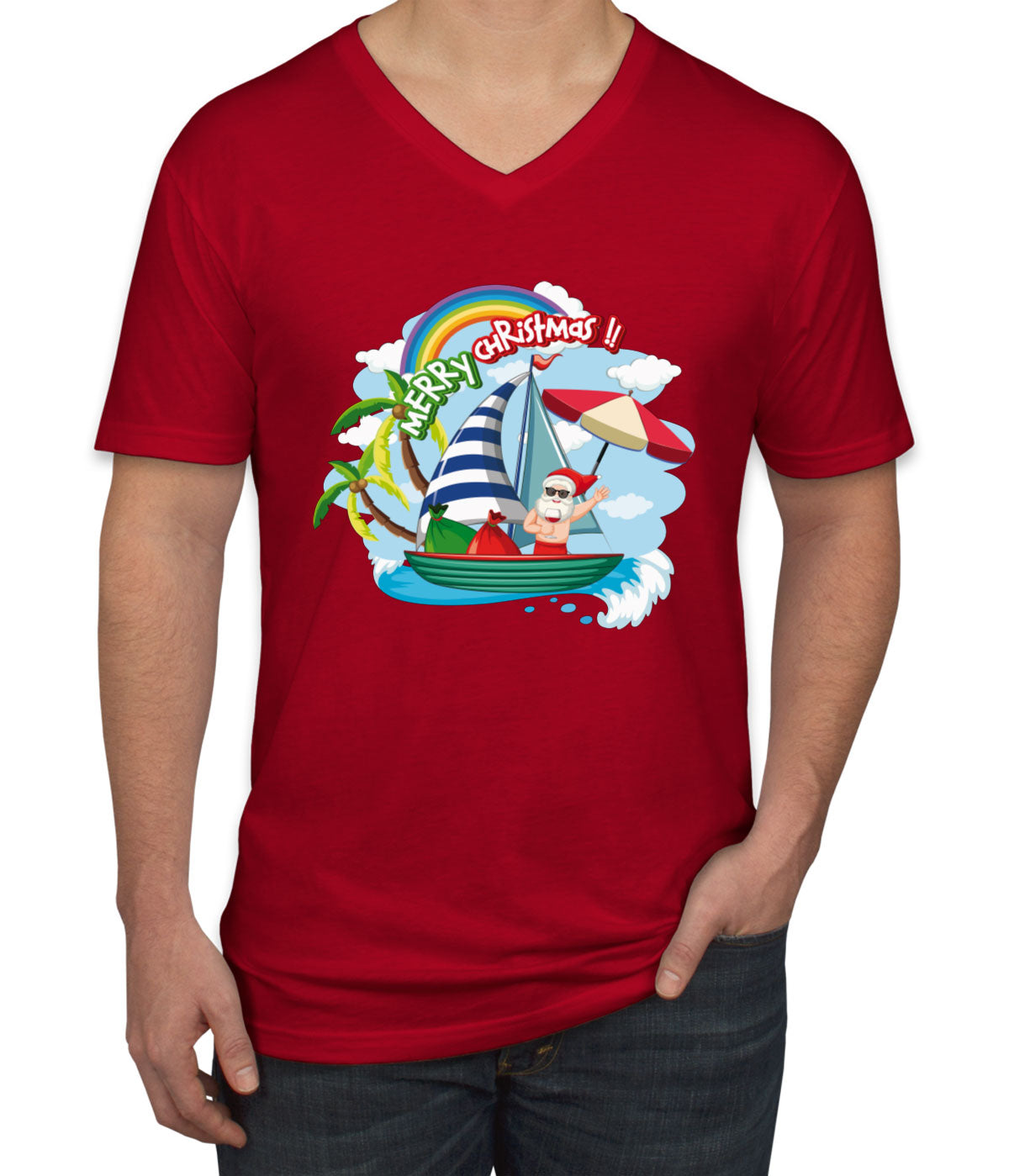 Santa Claus On The Boat In Summer Men's V Neck T-shirt