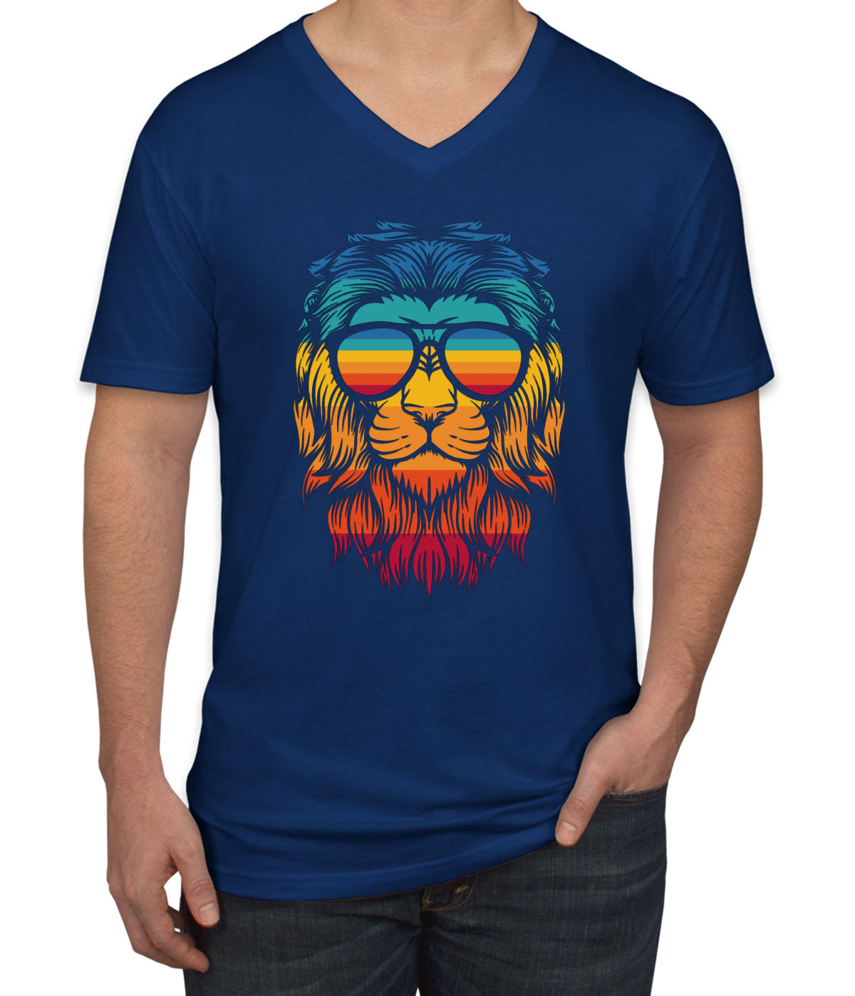 Retro Lion Head Men's V Neck T-shirt