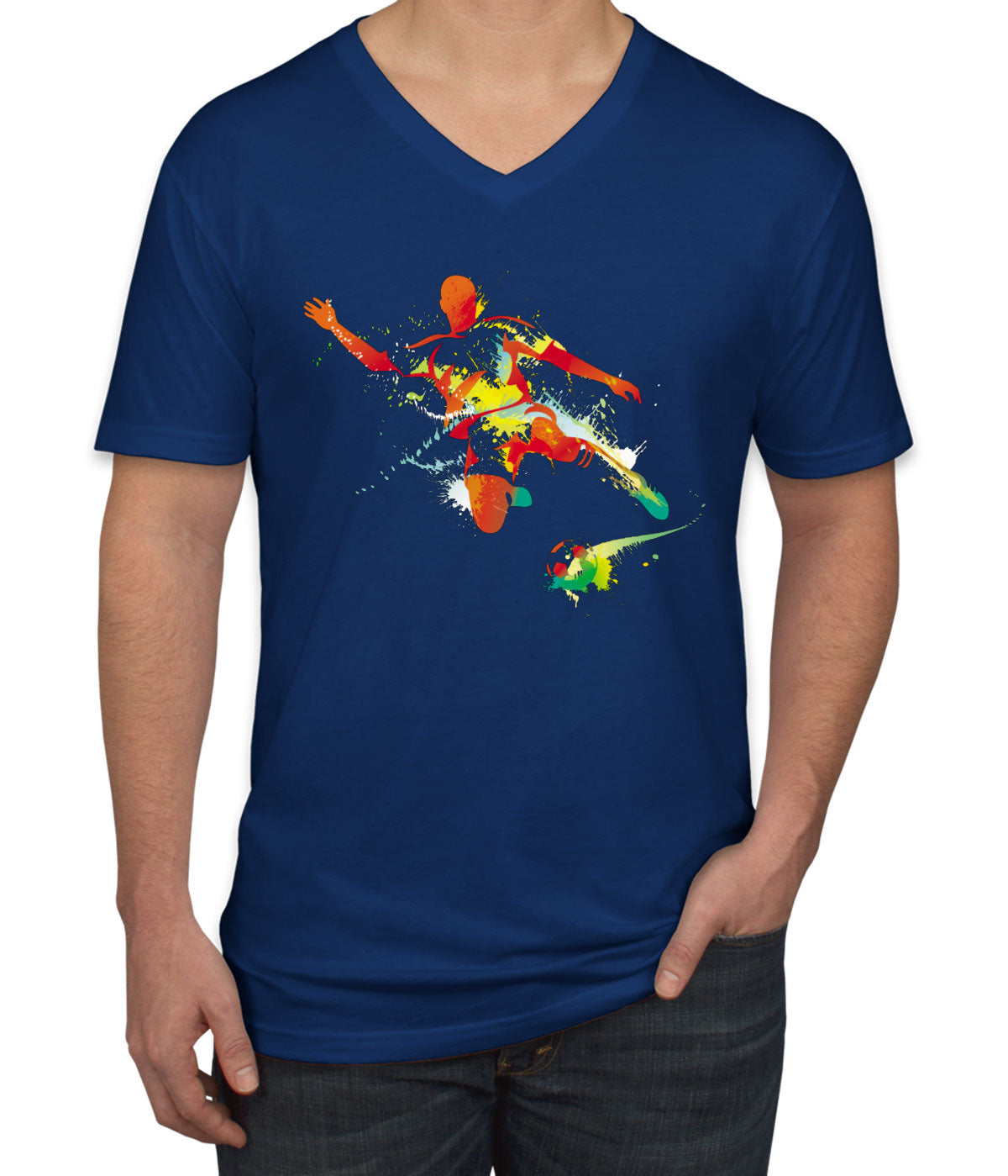 Colorful Soccer Player Men's V Neck T-shirt