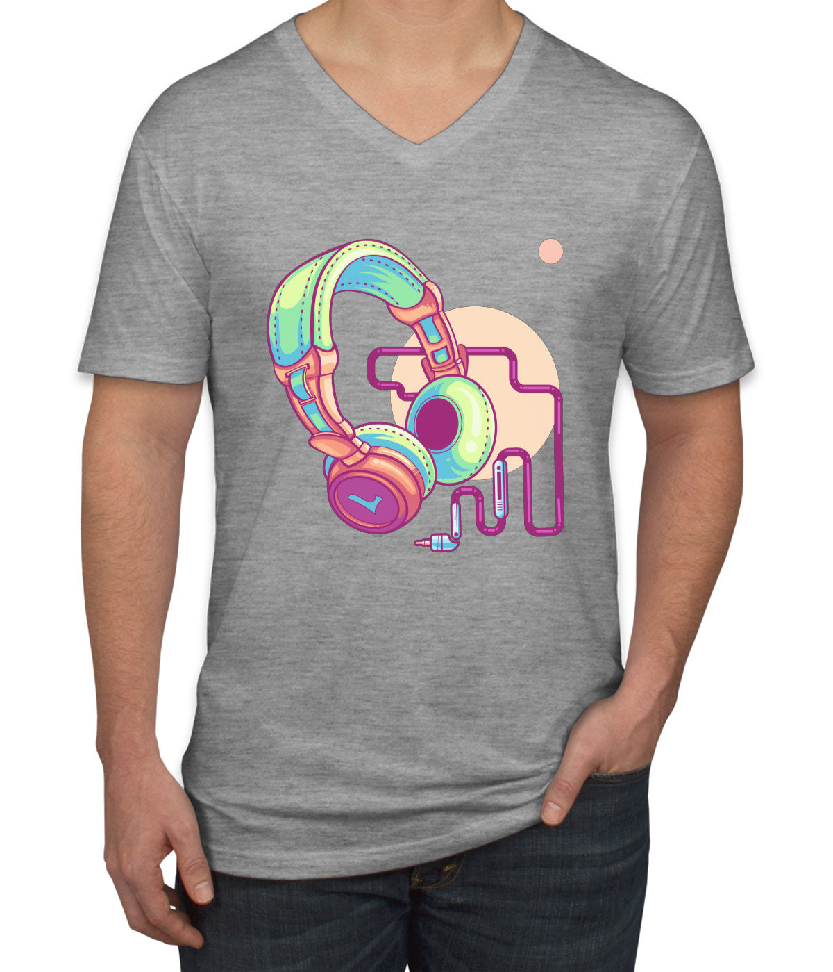 Headphone With Audio Cable Music Men's V Neck T-shirt