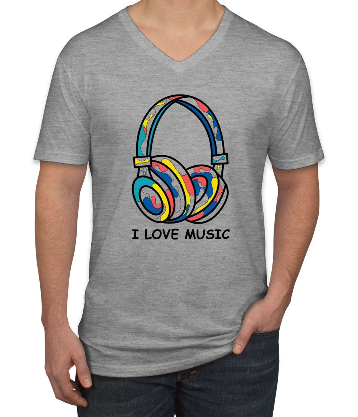 I Love Music Colorful Headphone Men's V Neck T-shirt