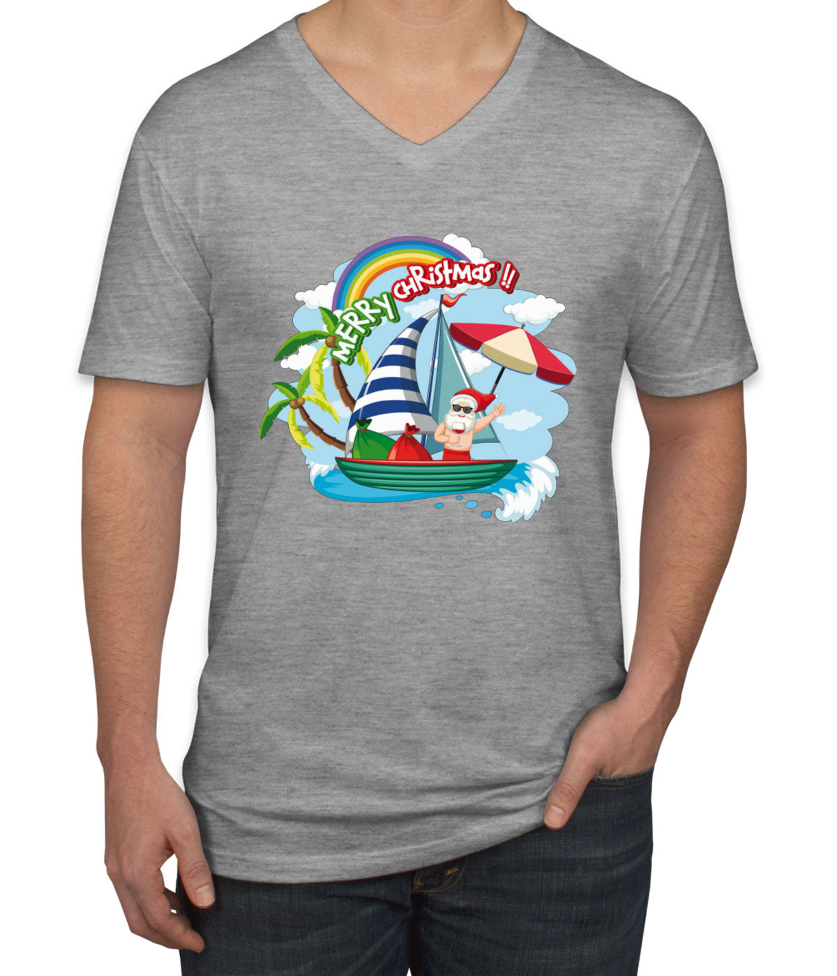 Santa Claus On The Boat In Summer Men's V Neck T-shirt