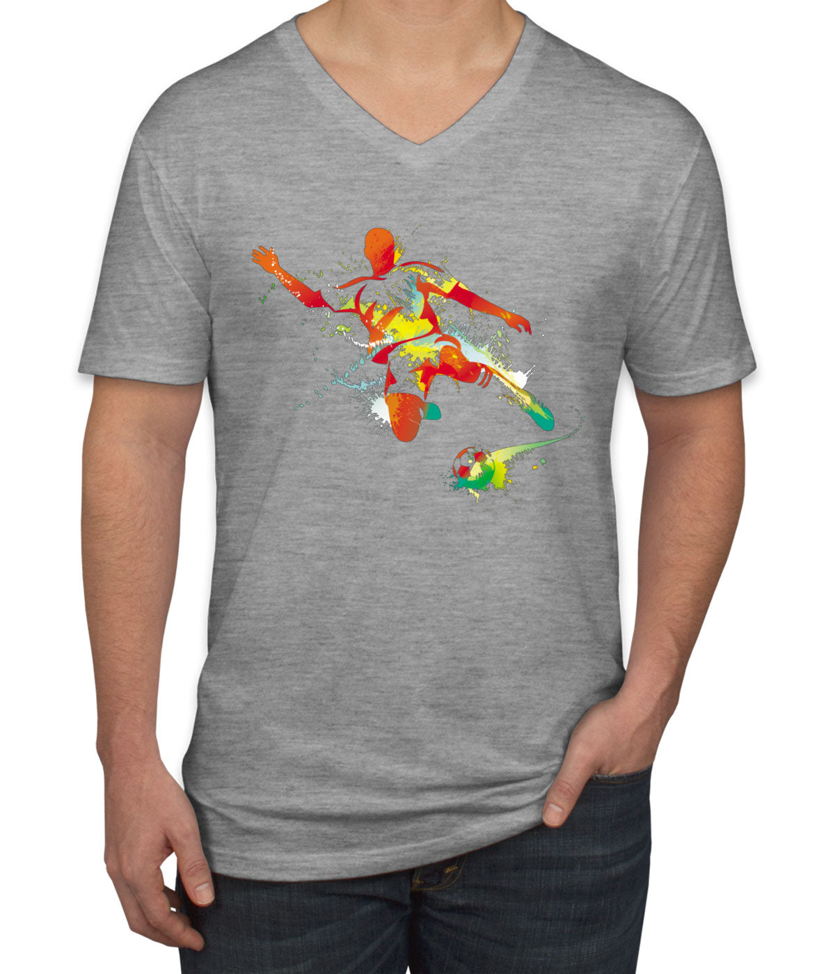 Colorful Soccer Player Men's V Neck T-shirt