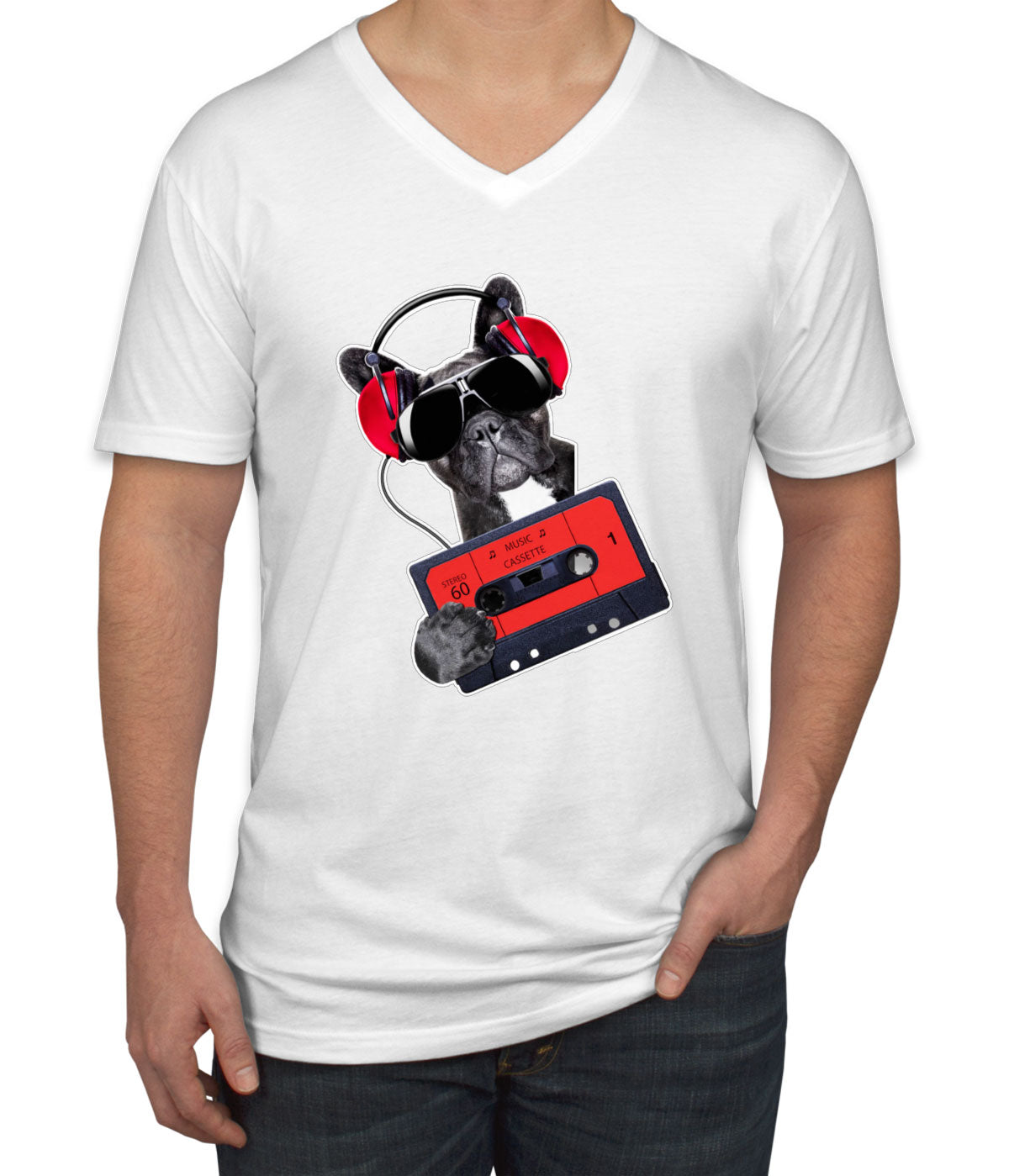 Cool Dog With Headphone Men's V Neck T-shirt