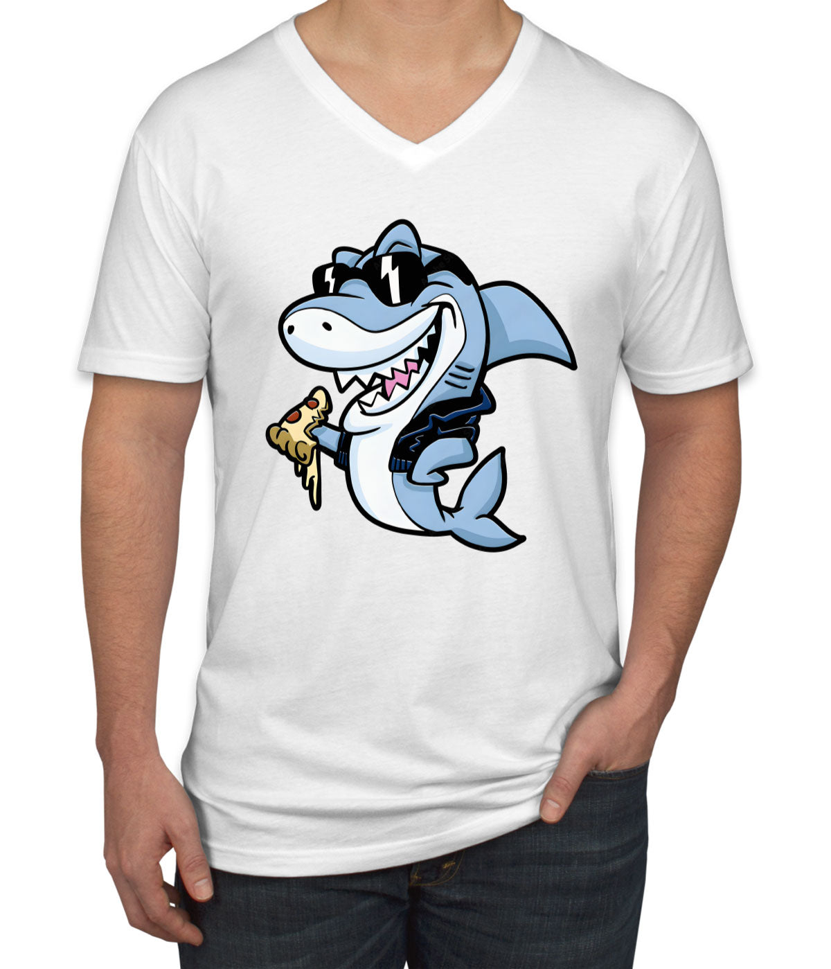 Cool Shark Eating Pizza Men's V Neck T-shirt