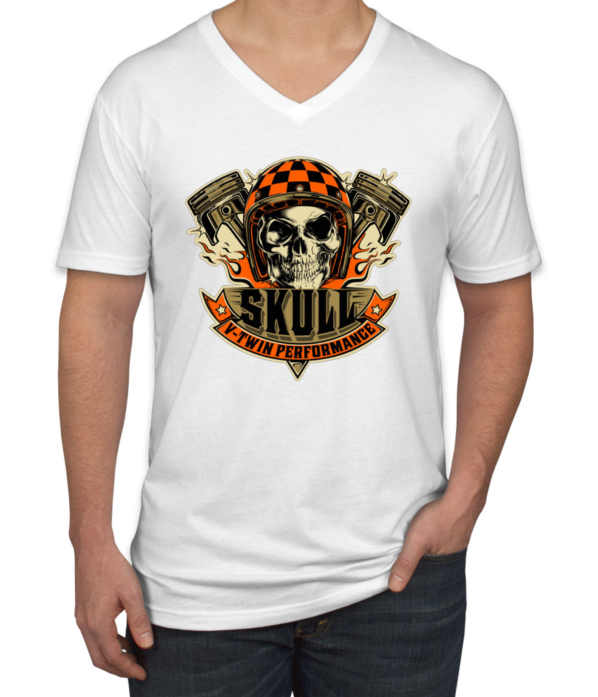 V-Twin Performance Skull Motorcycle Men's V Neck T-shirt