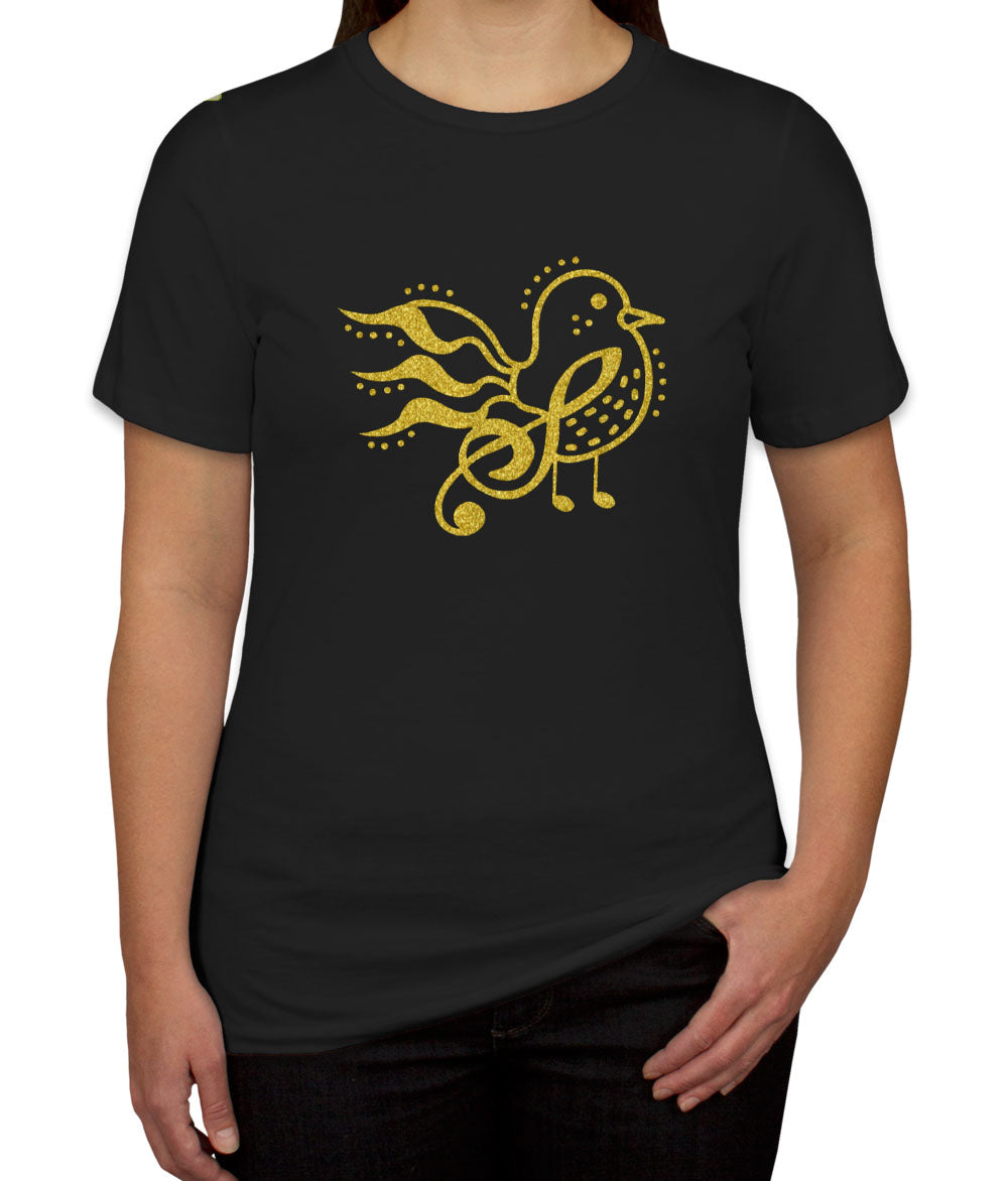 Bird Music Notes Gold Glitter Print Women's T-shirt