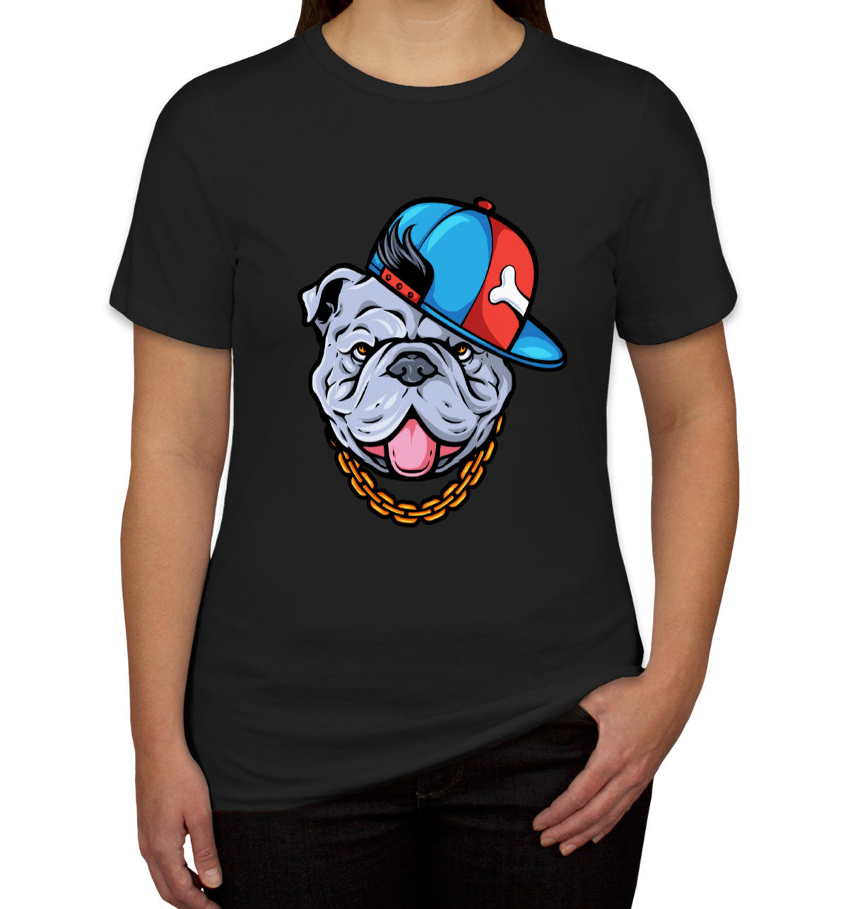Bulldog Cartoon Wearing Gold Chain Women's T-shirt