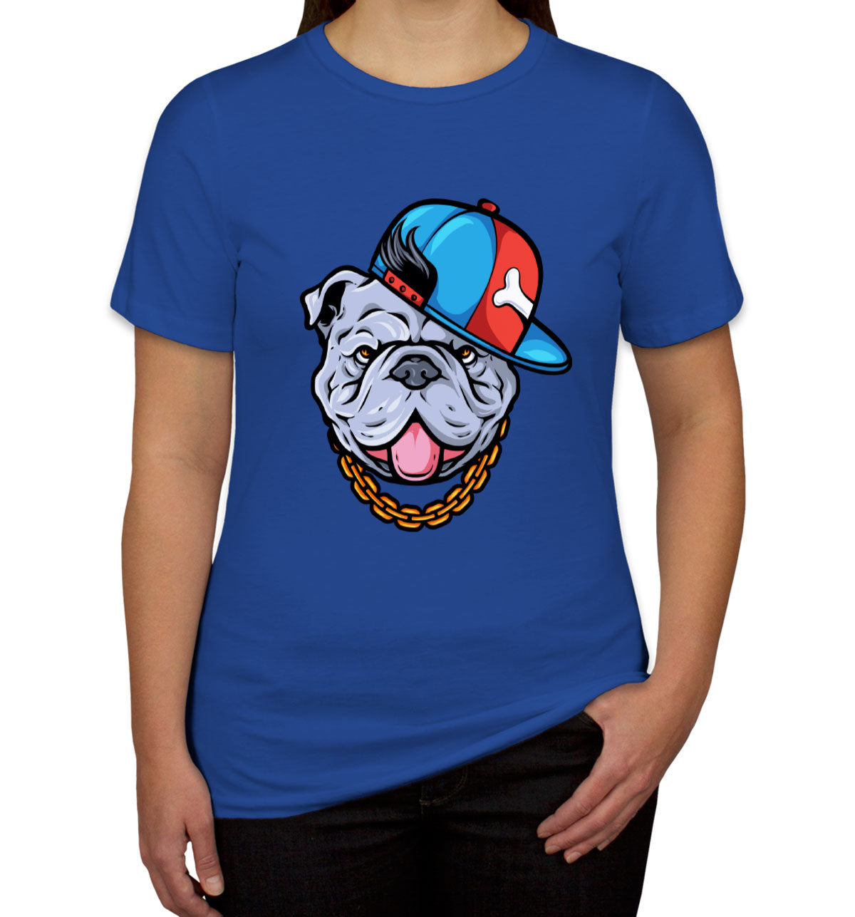 Bulldog Cartoon Wearing Gold Chain Women's T-shirt