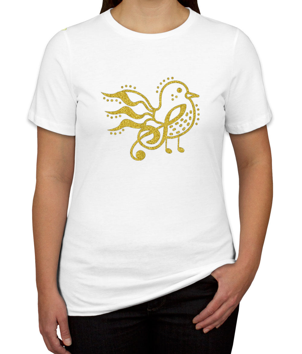 Bird Music Notes Gold Glitter Print Women's T-shirt