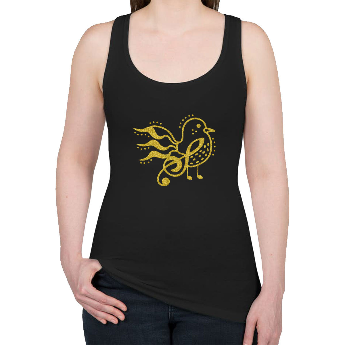 Bird Music Notes Gold Glitter Print Women's Racerback Tank Top