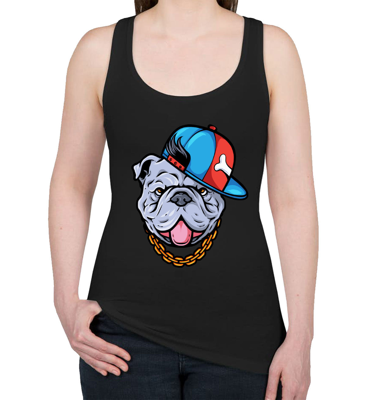 Bulldog Cartoon Wearing Gold Chain Women's Racerback Tank Top