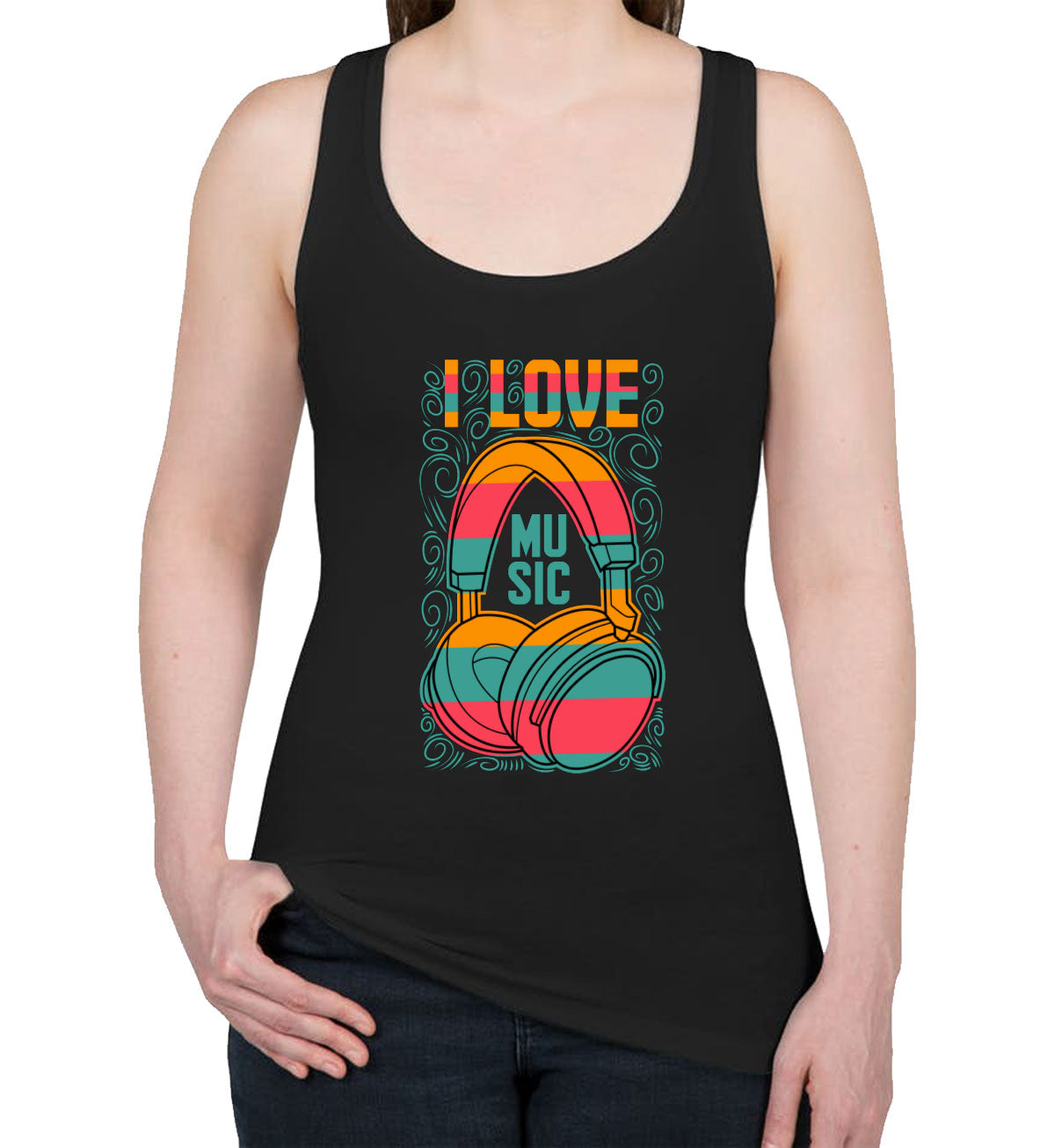 I Love Music Retro Headphone Women's Racerback Tank Top