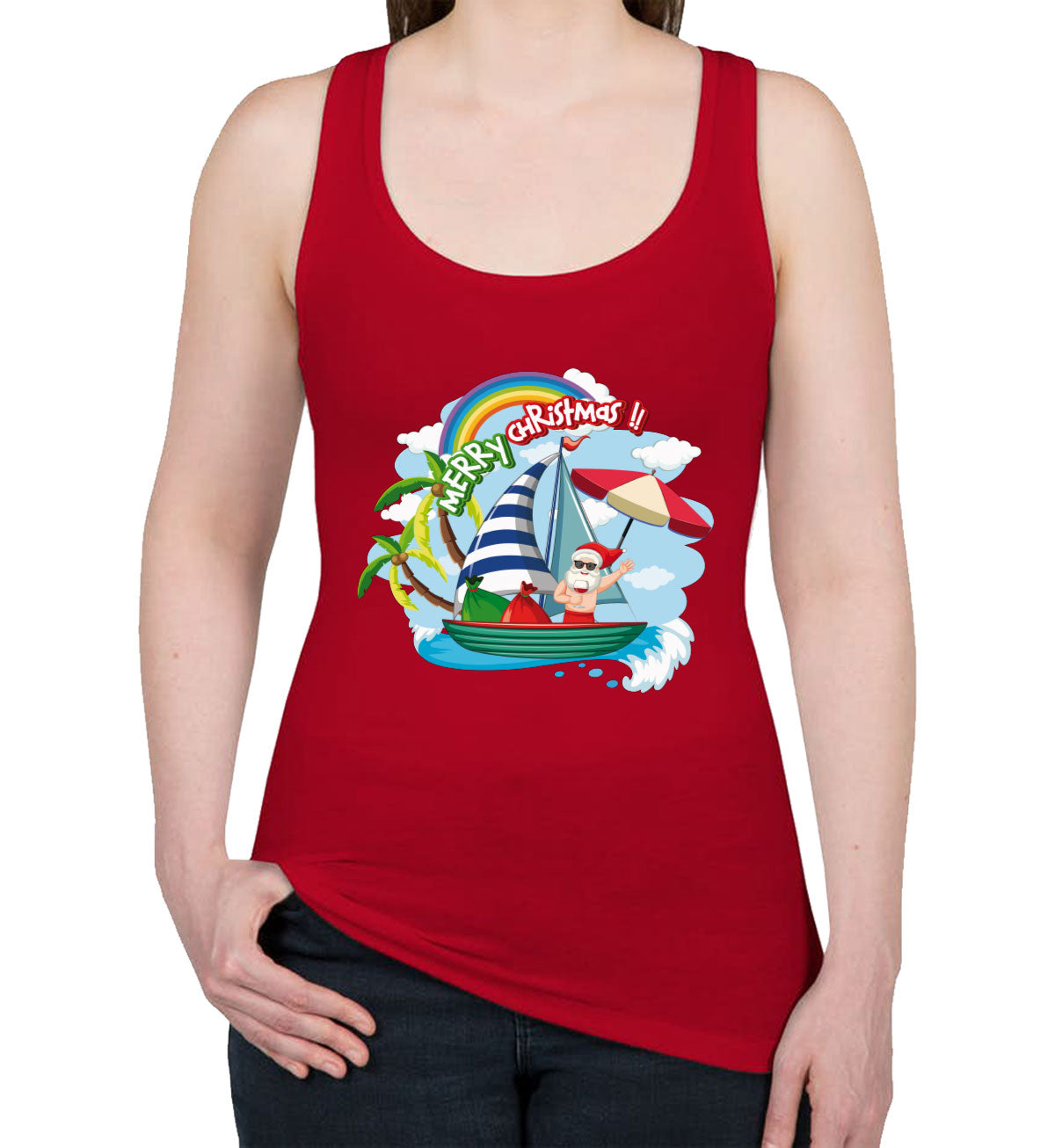 Santa Claus On The Boat In Summer Women's Racerback Tank Top