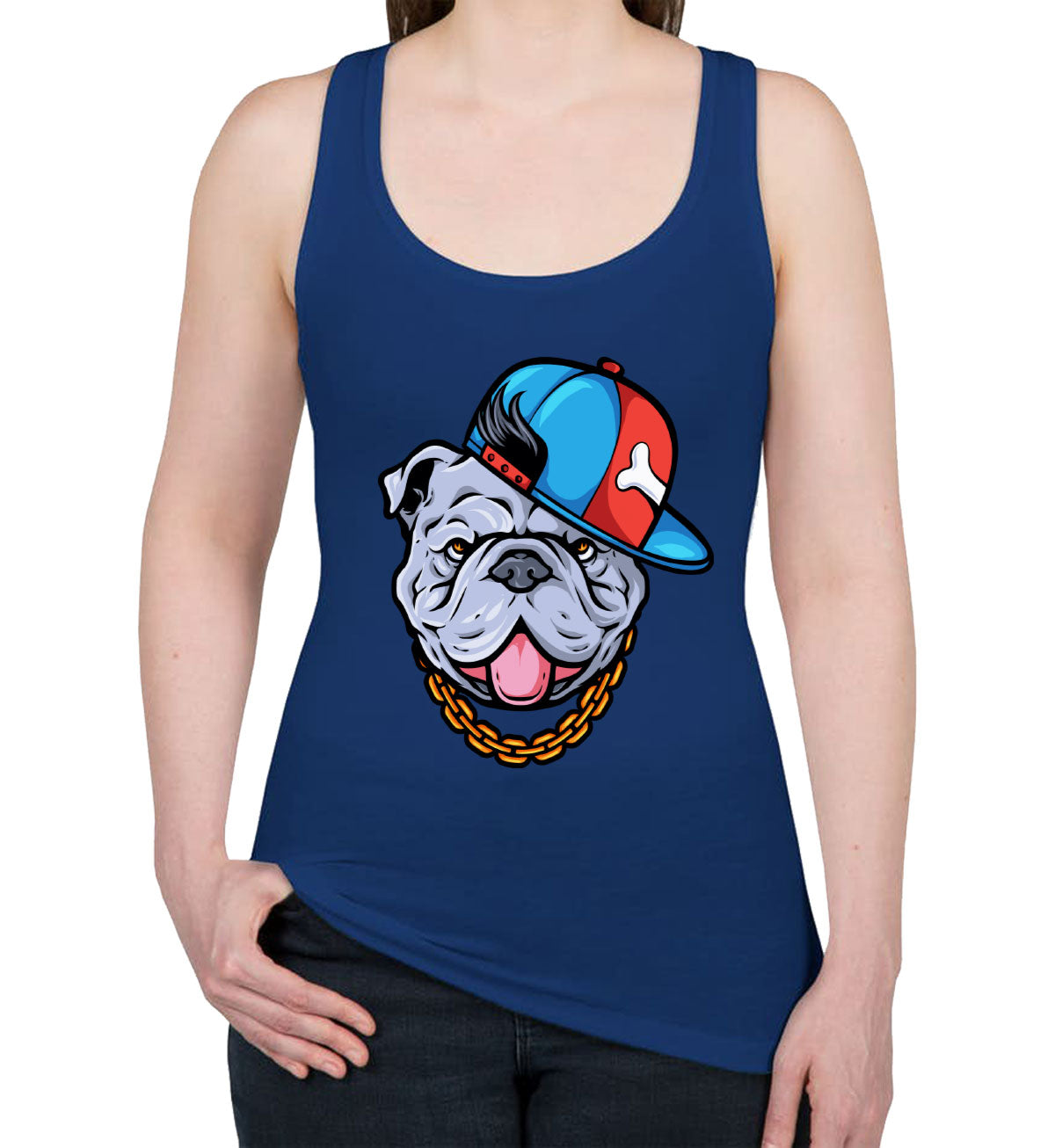 Bulldog Cartoon Wearing Gold Chain Women's Racerback Tank Top