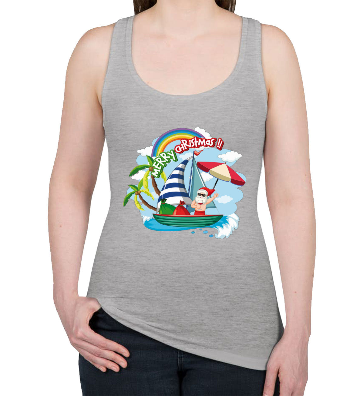 Santa Claus On The Boat In Summer Women's Racerback Tank Top