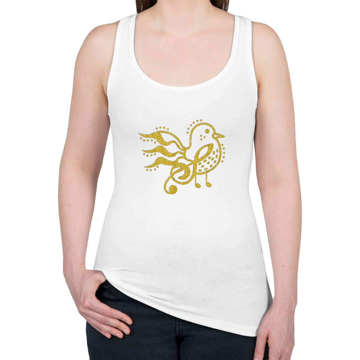 Bird Music Notes Gold Glitter Print Women's Racerback Tank Top