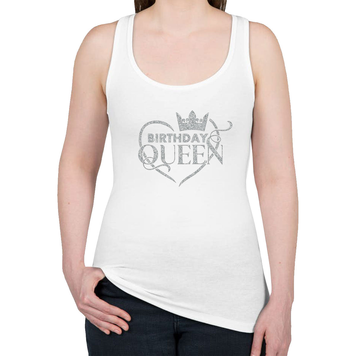 Birthday Queen Silver Glitter Print Women's Racerback Tank Top