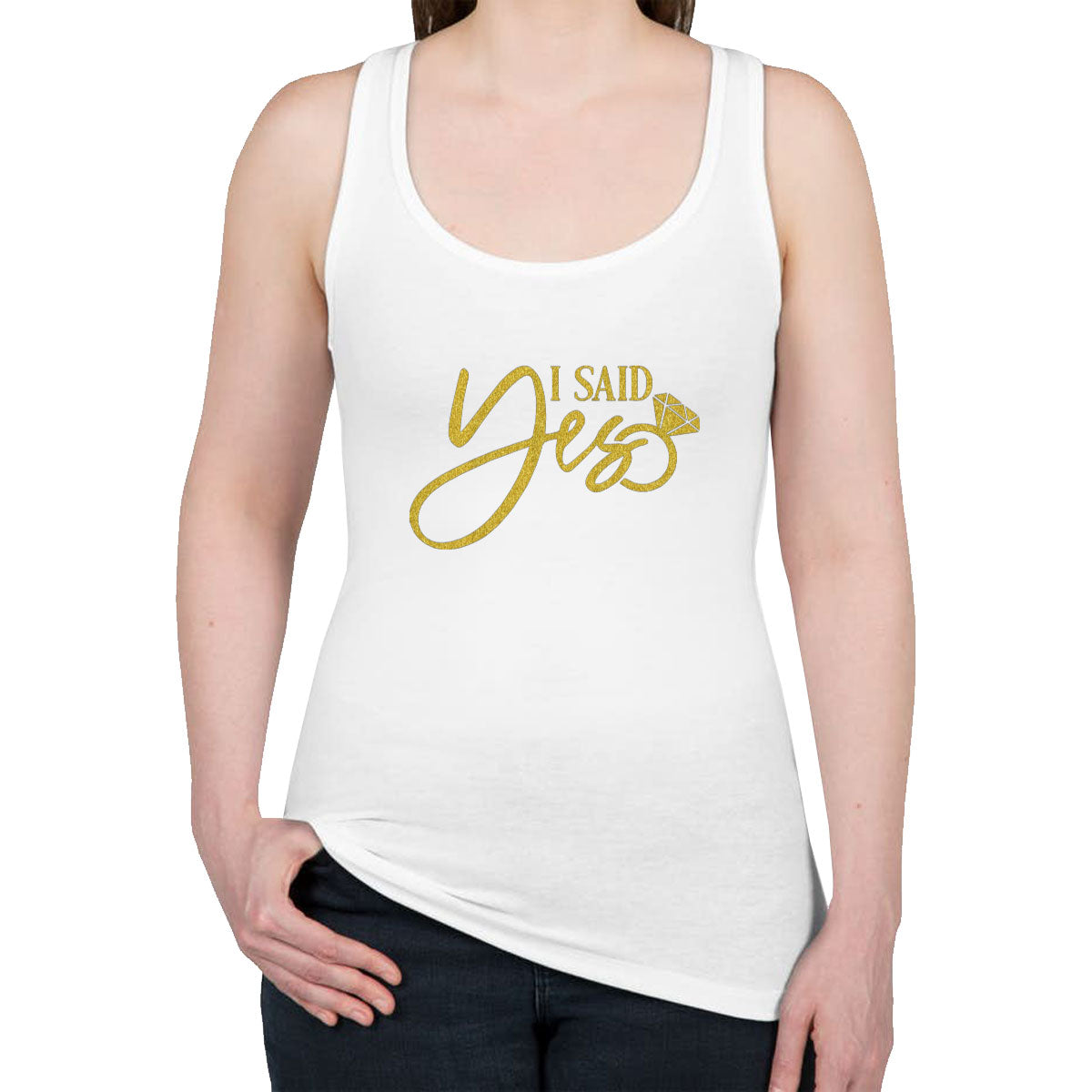 I Said Yes Gold Glitter Print Women's Racerback Tank Top