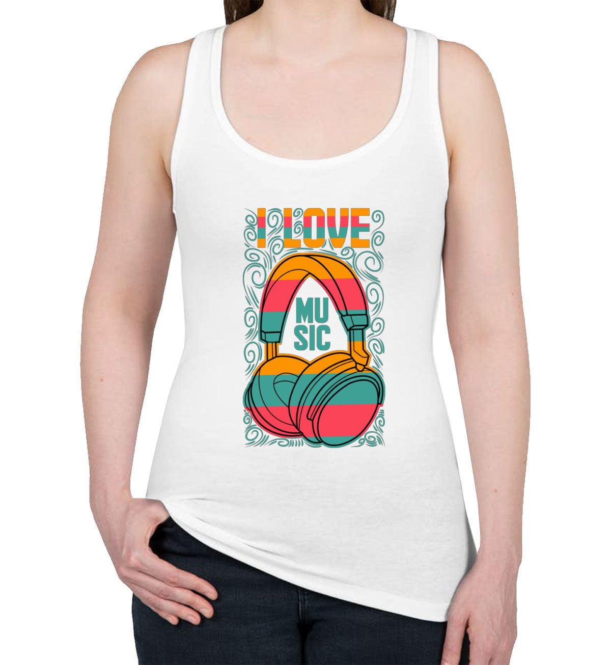 I Love Music Retro Headphone Women's Racerback Tank Top