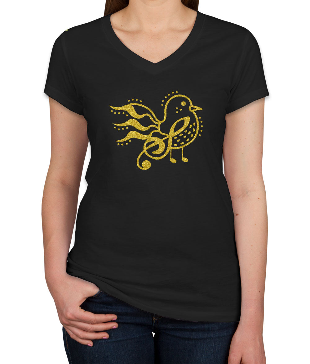 Bird Music Notes Gold Glitter Print Women's V Neck T-shirt