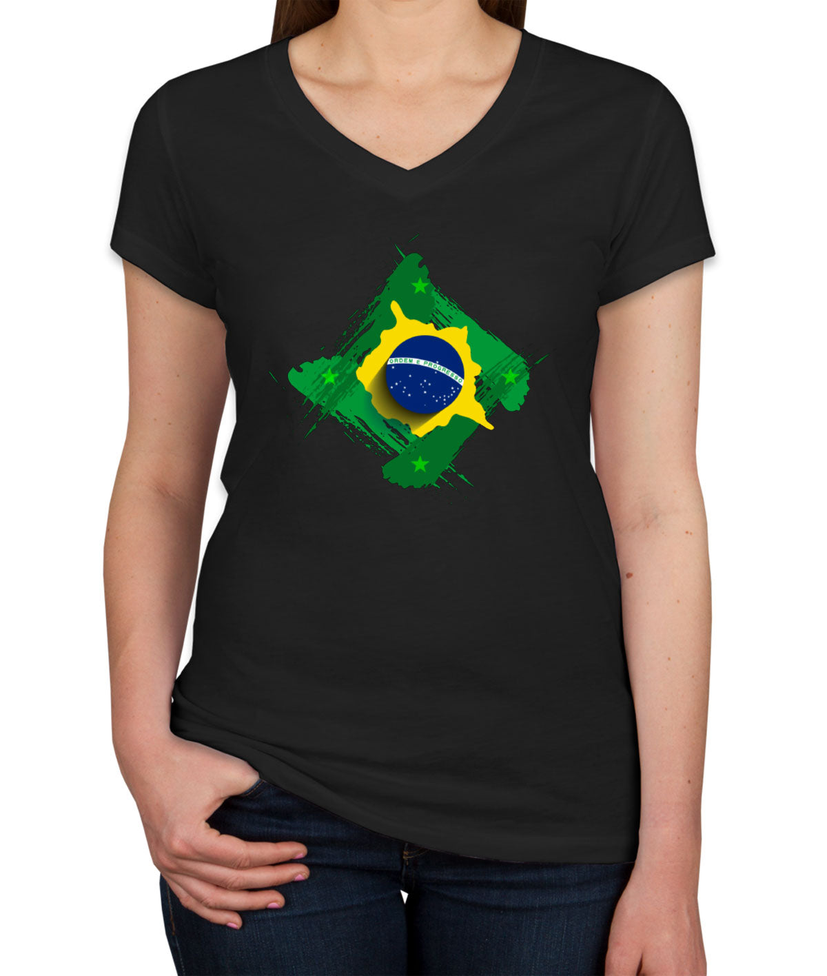 Brazil Flag Diamond Shape Women's V Neck T-shirt