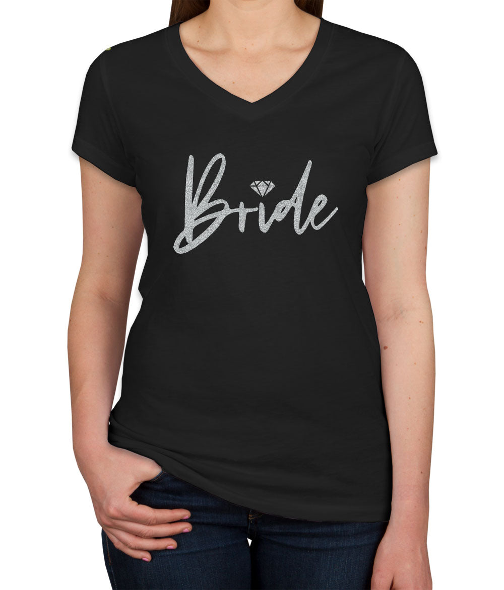 Bride Silver Glitter Print Women's V Neck T-shirt