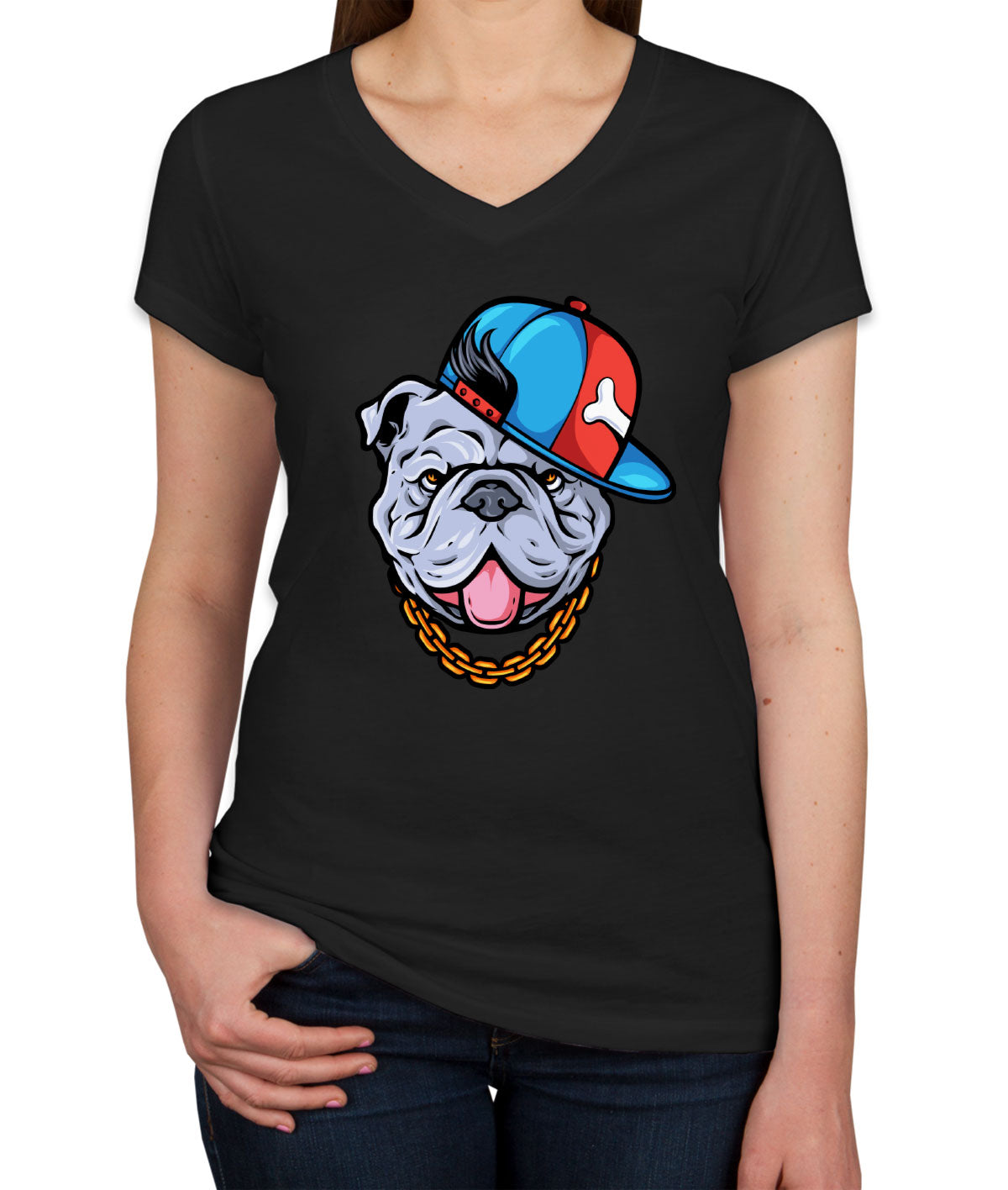 Bulldog Cartoon Wearing Gold Chain Women's V Neck T-shirt