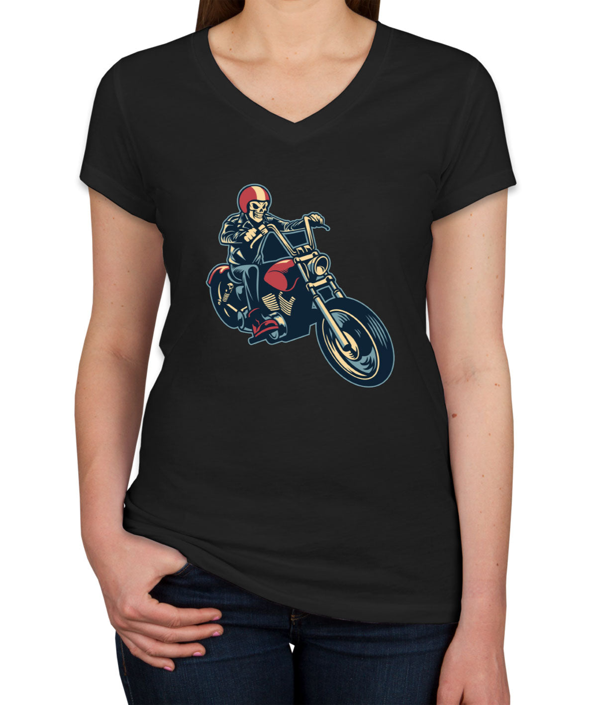 Skull Motorcycle Moto Skull Women's V Neck T-shirt