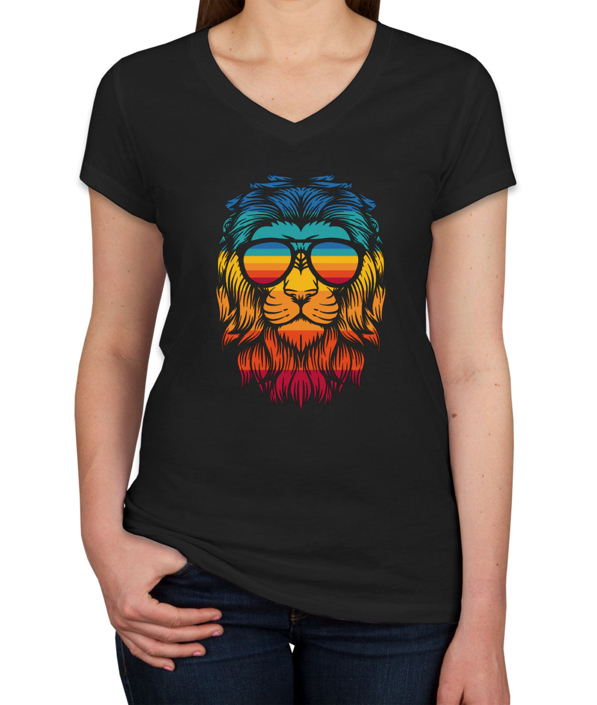 Retro Lion Head Women's V Neck T-shirt