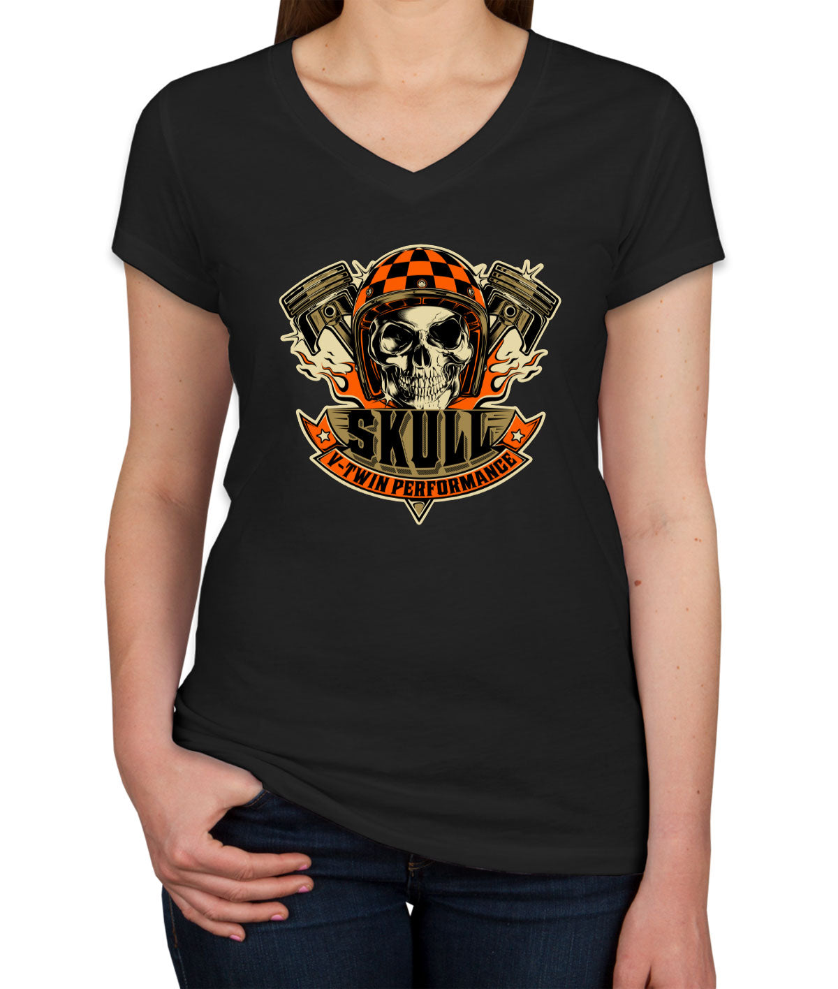 V-Twin Performance Skull Motorcycle Women's V Neck T-shirt