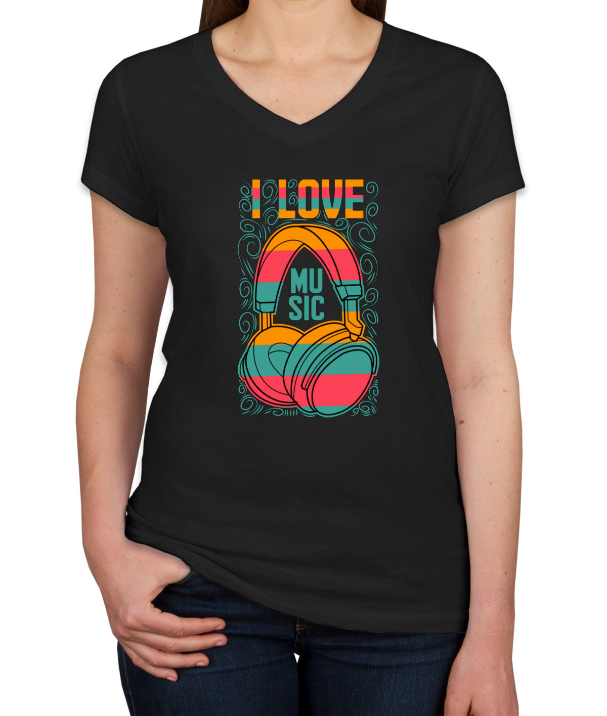 I Love Music Retro Headphone Women's V Neck T-shirt