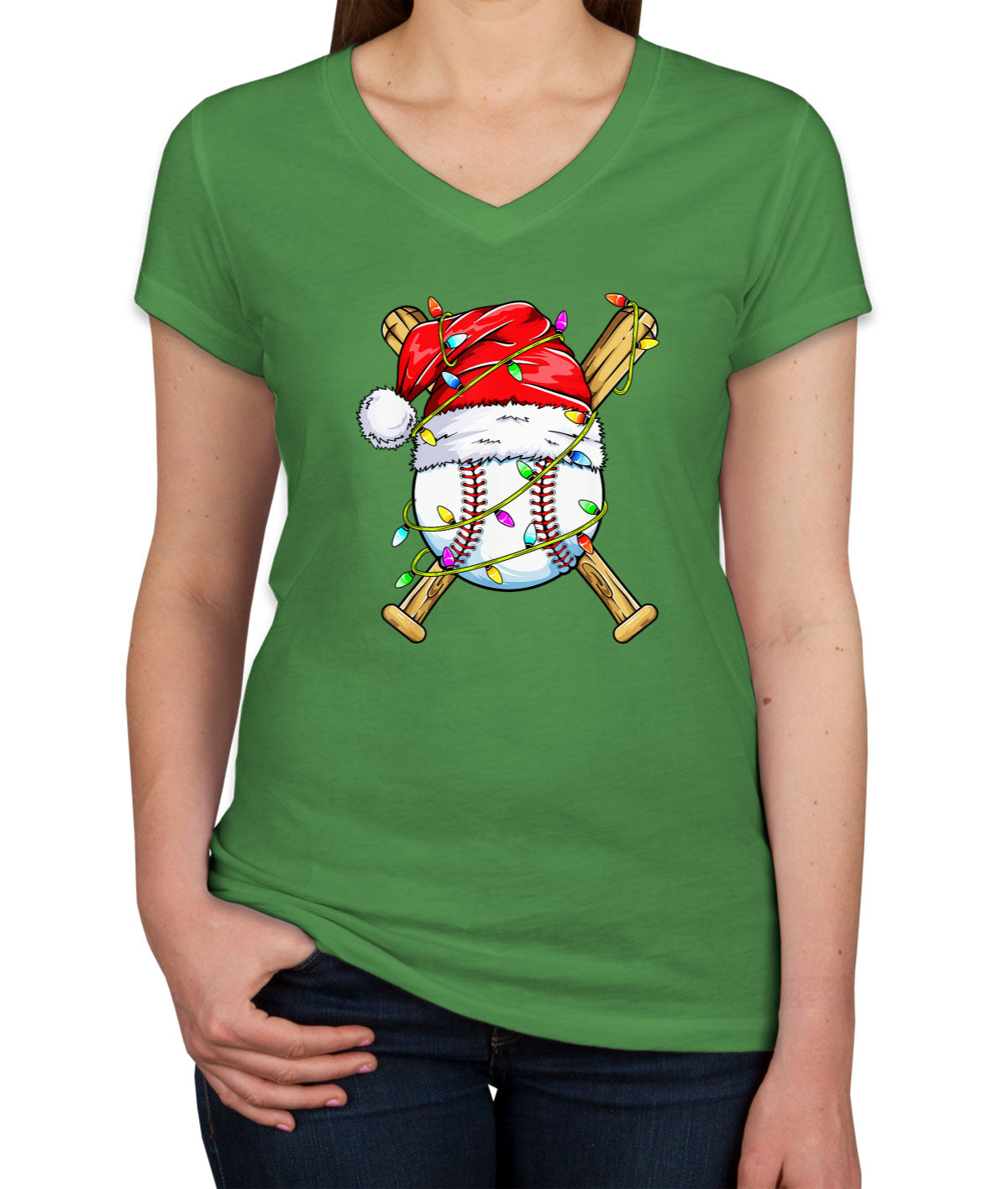 Baseball With Santa Hat Christmas Women's V Neck T-shirt