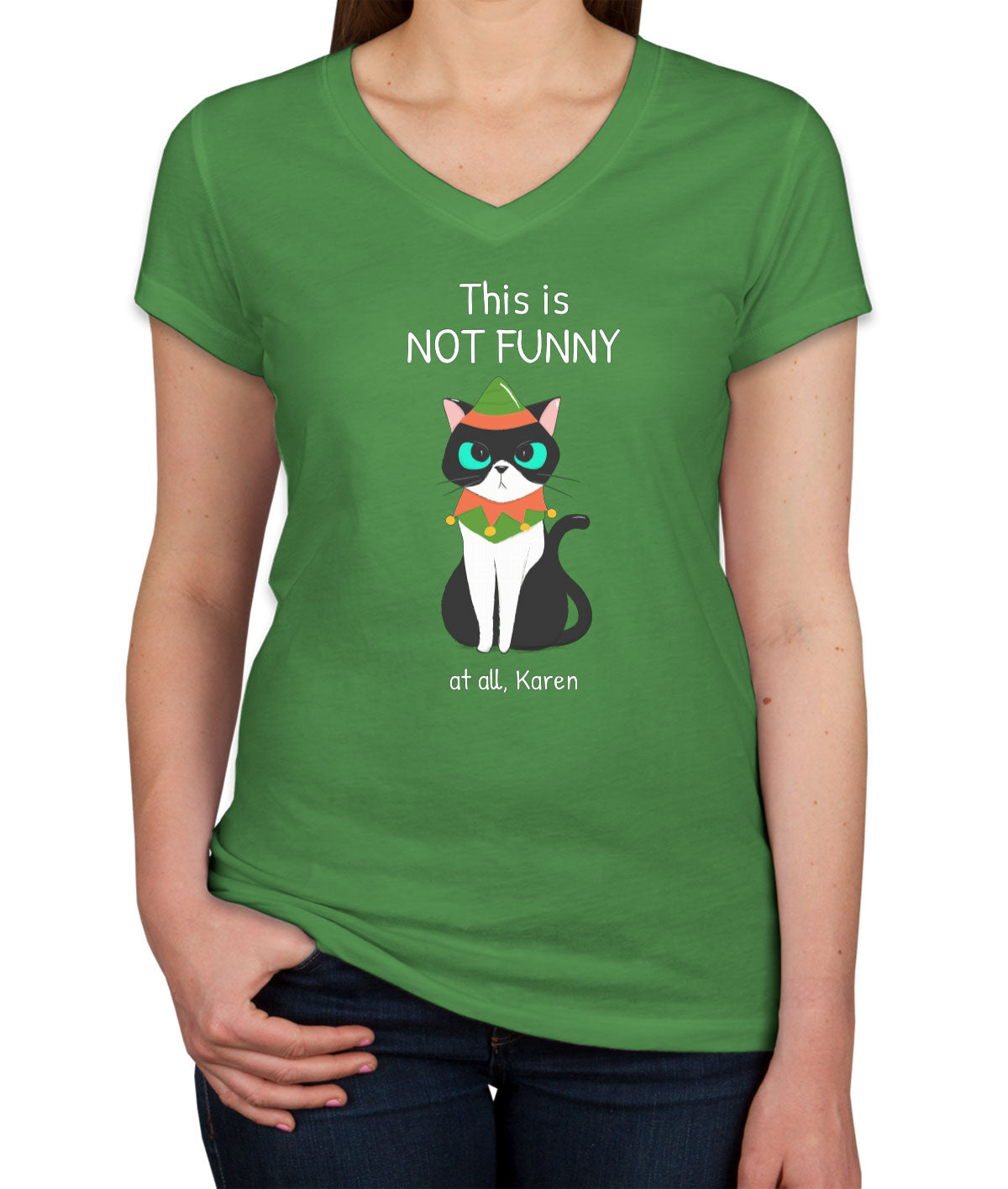 This Is Not Funny At All, Karen Grumpy Christmas Cat Women's V Neck T-shirt