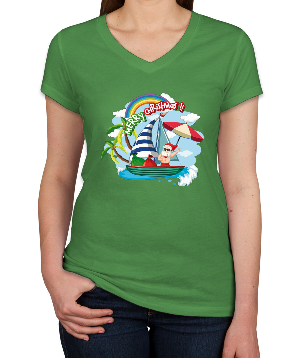 Santa Claus On The Boat In Summer Women's V Neck T-shirt