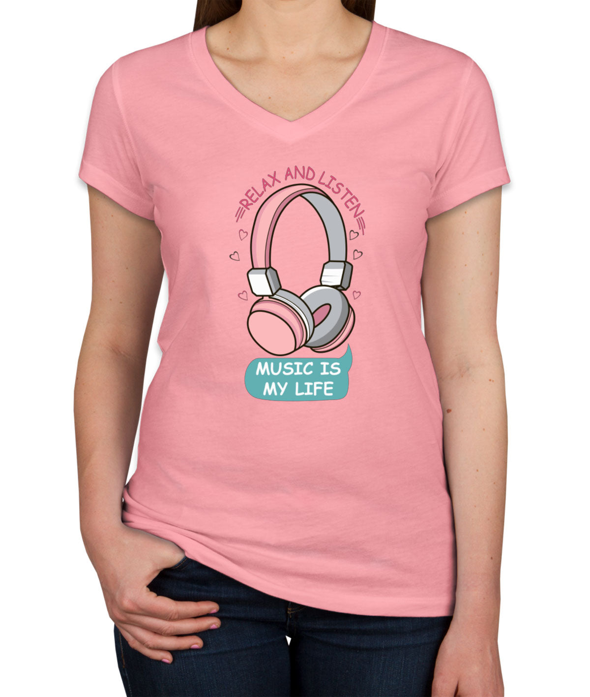 Music Is My Life Headphone Women's V Neck T-shirt