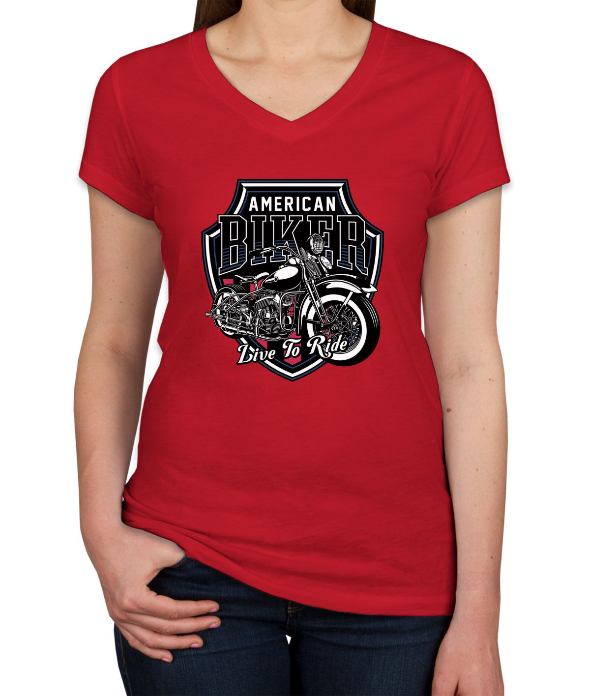 American Biker Live To Ride Motorcycle Women's V Neck T-shirt