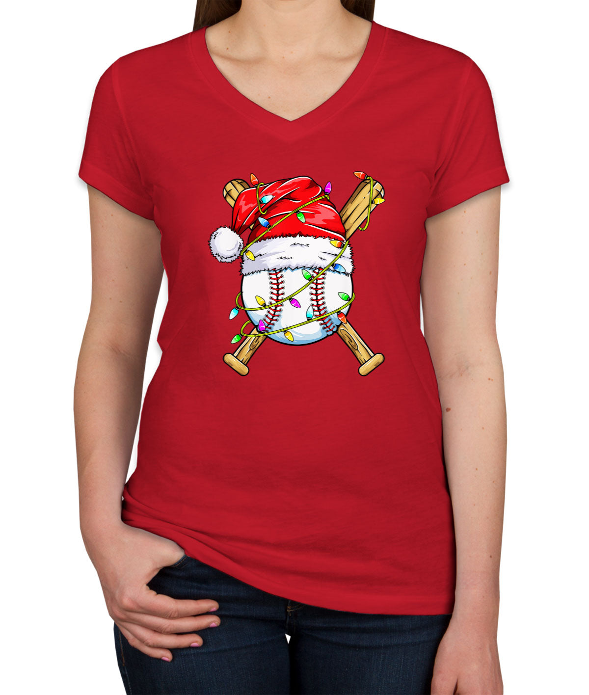 Baseball With Santa Hat Christmas Women's V Neck T-shirt