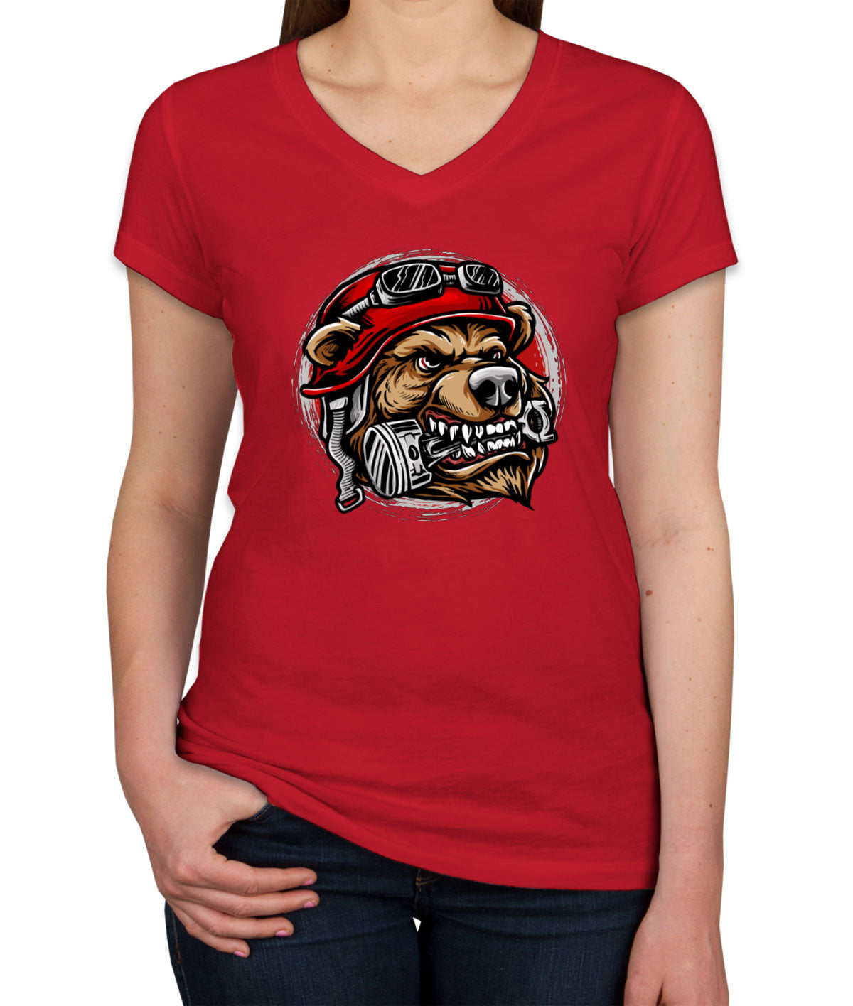 Biker Bear With Helmet Women's V Neck T-shirt