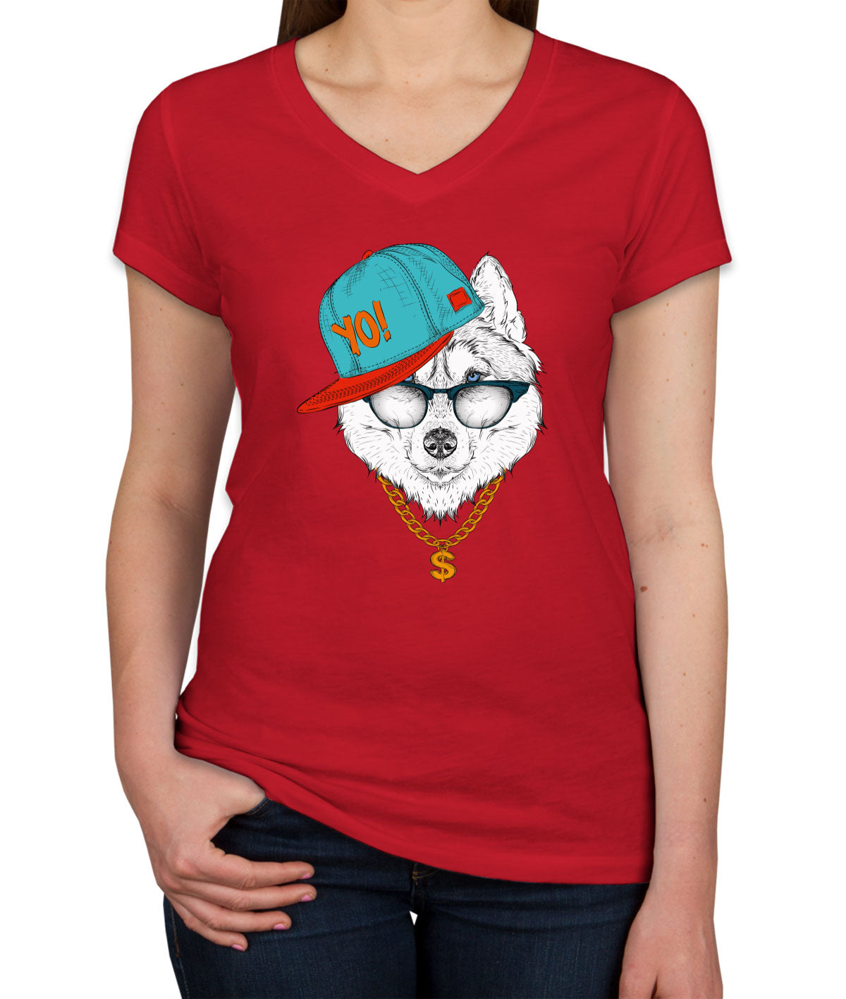 Cool Siberian Husky Dog Women's V Neck T-shirt