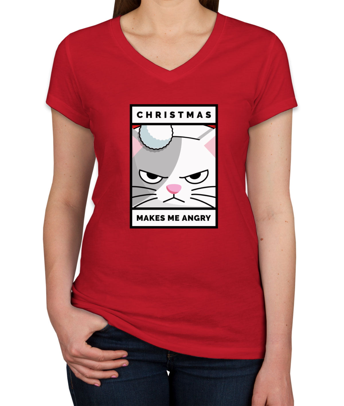 Christmas Makes Me Angry Cat Christmas Women's V Neck T-shirt