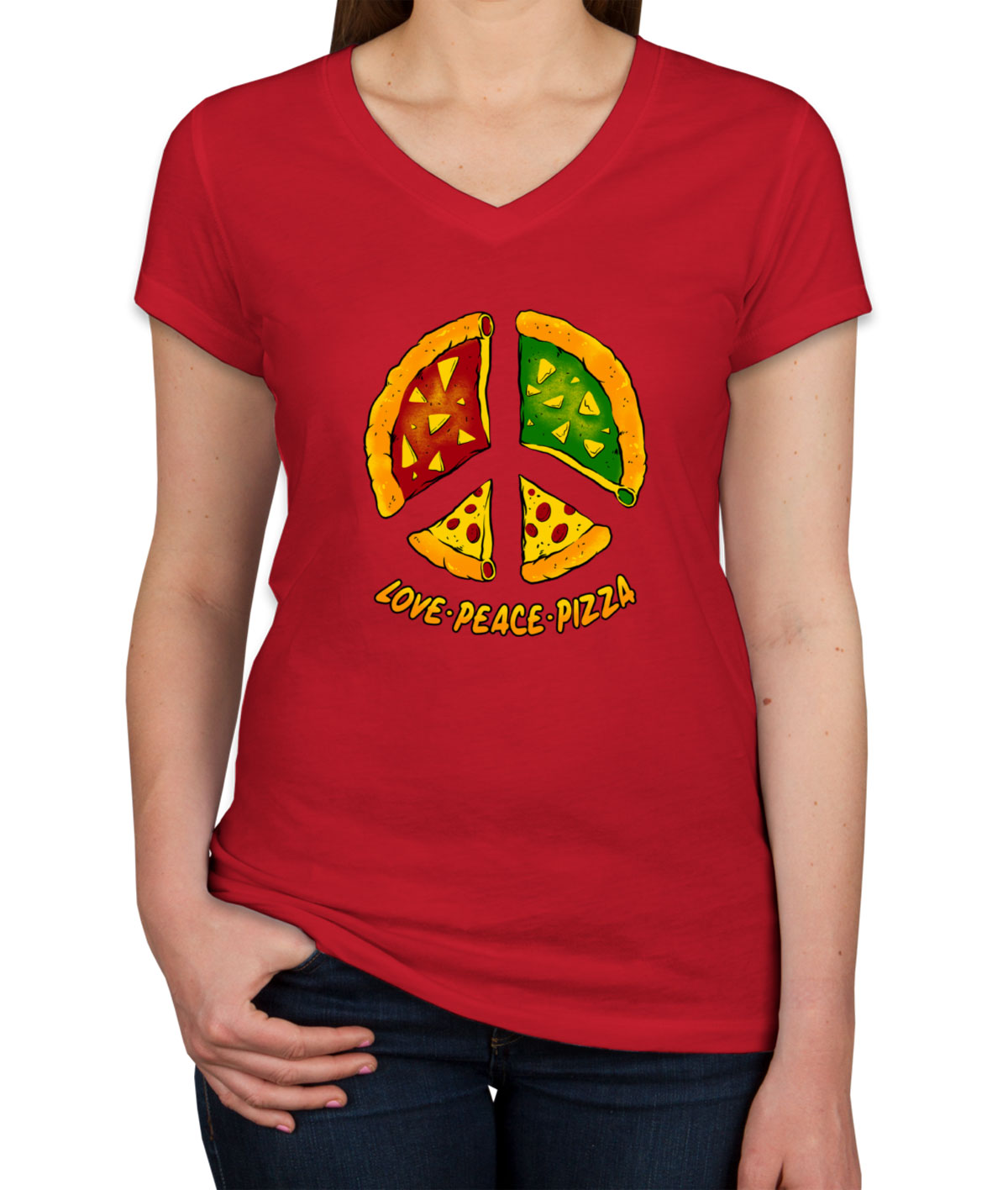 Love Peace Pizza Women's V Neck T-shirt