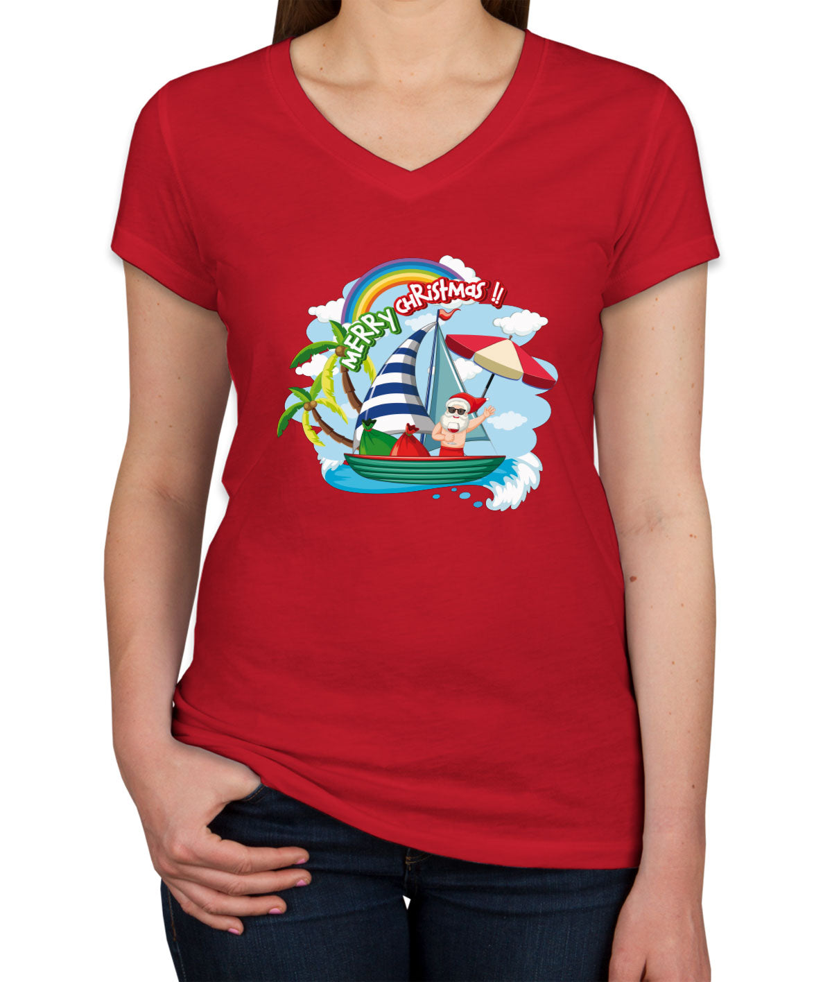 Santa Claus On The Boat In Summer Women's V Neck T-shirt