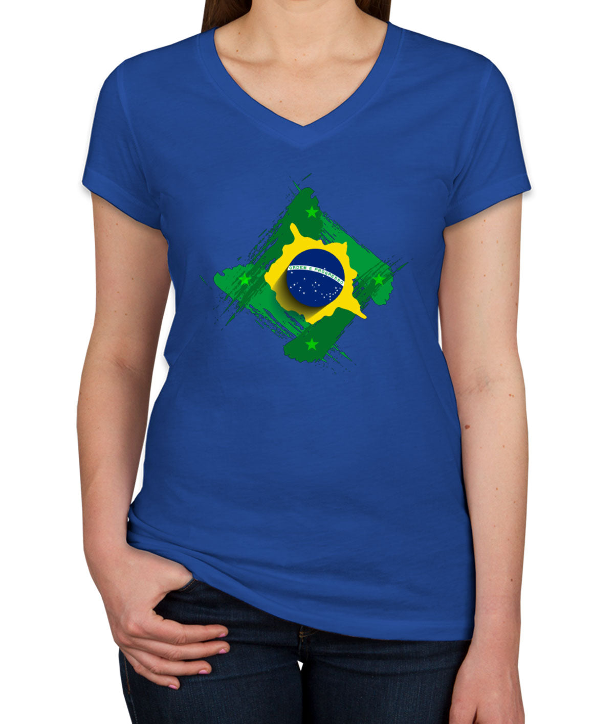 Brazil Flag Diamond Shape Women's V Neck T-shirt